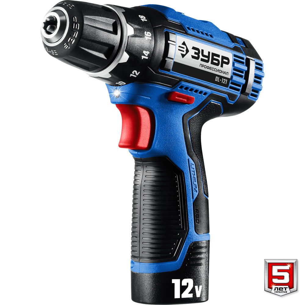 Дрель-шуруповерт 12 В 40 Н·м 2 АКБ тип Т7 2 А·ч + LED фонарь кейс Профессионал ЗУБР DL-121-22F