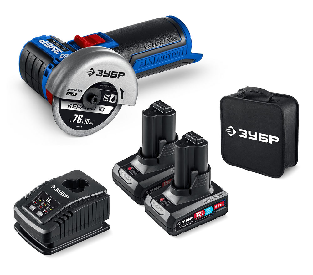 УШМ бесщеточная 12 В D76 мм 2 АКБ тип Т7 4 А·ч сумка Профессионал ЗУБР AB-76-42