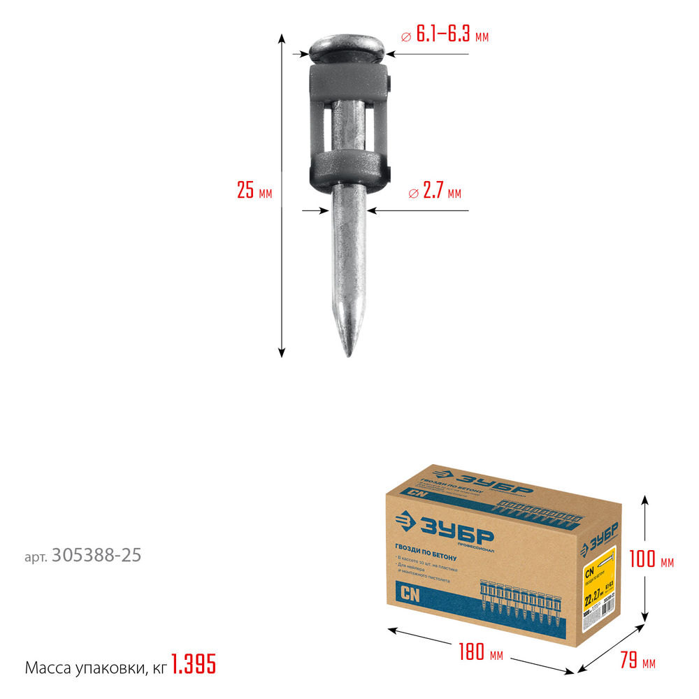 Гвозди по бетону CN 25 x 2.7 мм, оцинкованные, 1000 шт ЗУБР 305388-25