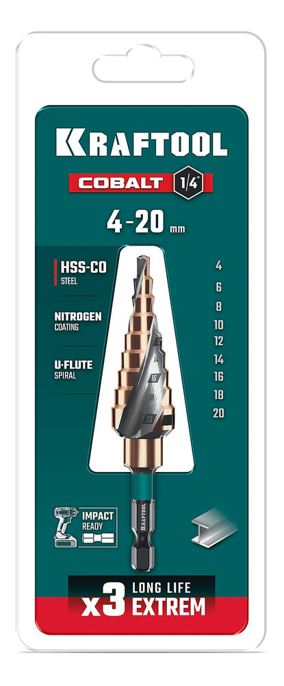 Сверло ступенчатое COBALT, 4–20 мм, 9 ступеней, азотирование, винтовая спираль KRAFTOOL 29691-4-20-9