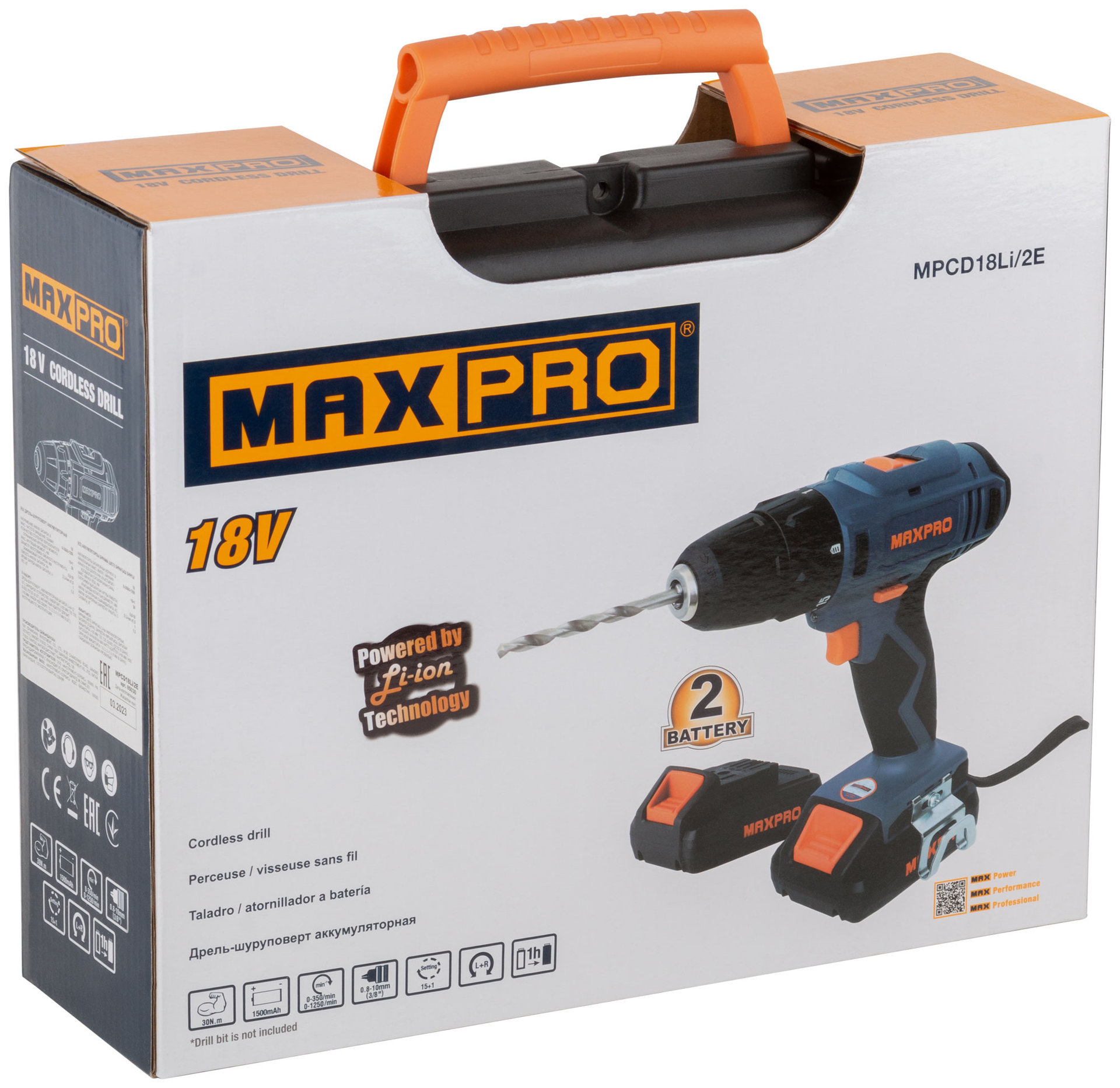 Дрель-Шуруповерт аккумуляторная 18 В; 0-350/0-1250 об/мин; 10 мм; 30 Нм; 2 батареи (Li-Ion) х1,5 Ач; 15+1; 1 ч.; регулировка оборотов MAX-PRO 85030