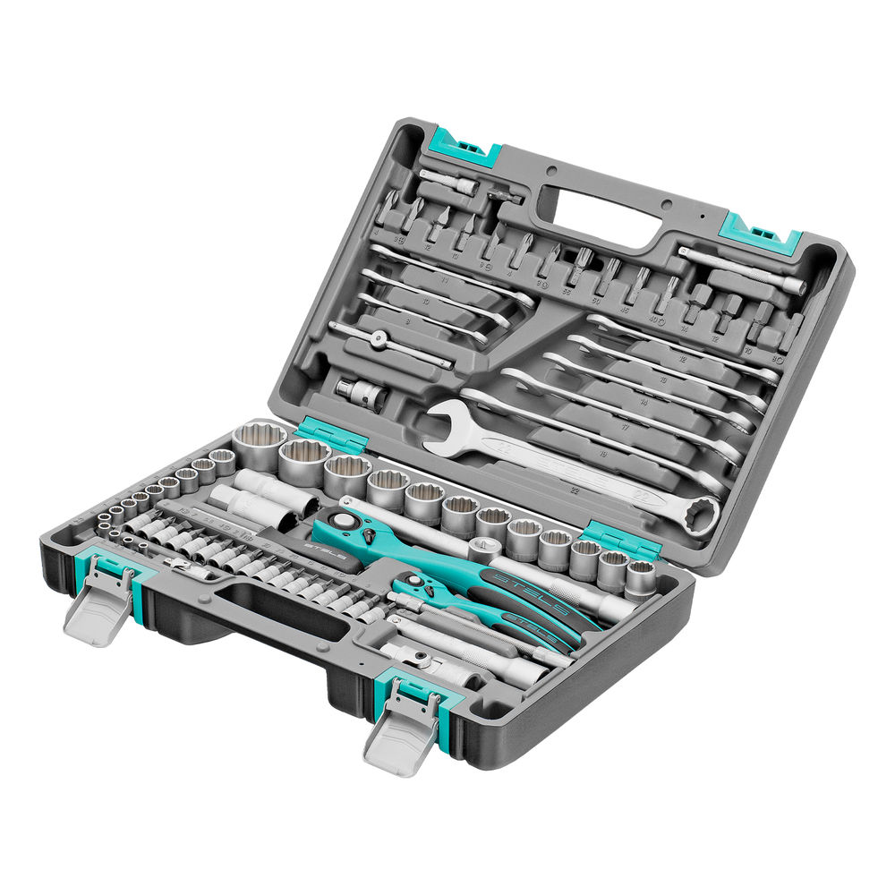 Набор инструментов 1/2, 1/4, CrV, 12 гранные головки, пластиковый кейс, 82 предмета Stels