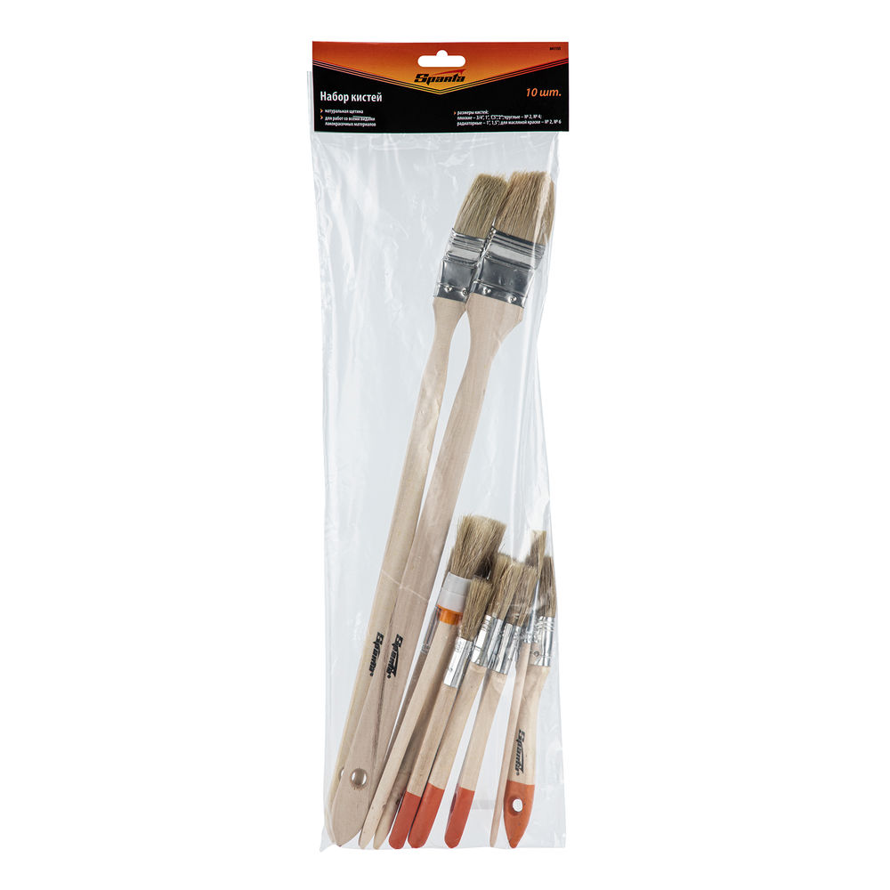 Набор кистей, 10 шт, Плоские: 3/4 (20 мм), 1 (25 мм), 1 1/2 (38 мм), 2 (50 мм), радиаторные: 1 (25 мм), 1 1/2 (38 мм), круглые: №1 (15 мм), №2 (20 мм, для декора: №8, №11. Sparta (841155)