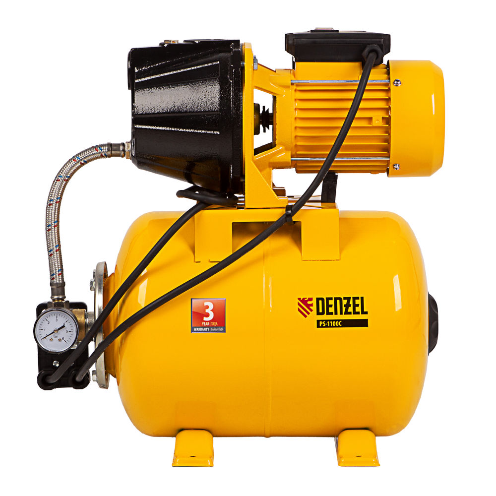 Насосная станция PS1100С, 1100 Вт, 4500 л/ч, ресивер 24 л, подъем 46 м, чугун Denzel (97215)