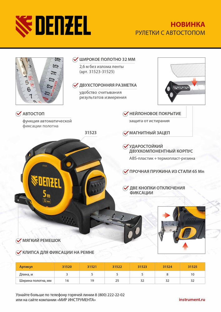 Рулетка 8м х 32мм, автоматич. фиксац., нейлон. покрытие, магнит. зацеп, двухстор. разметка Denzel