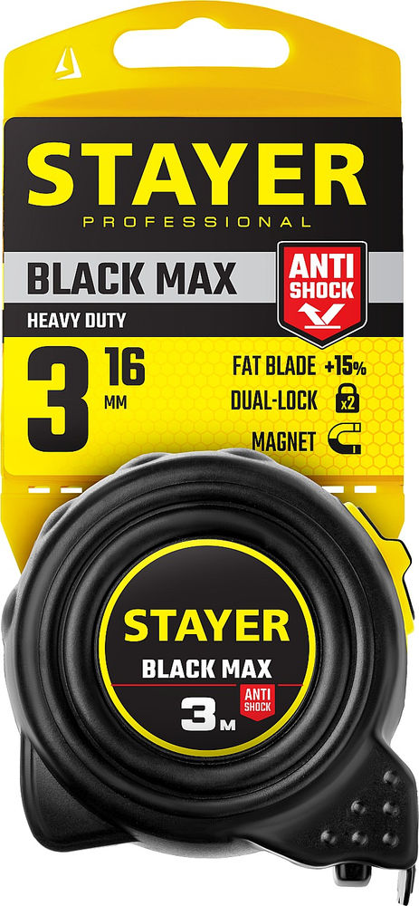 Рулетка с двумя фиксаторами BlackMax 3 м х 16 мм Professional STAYER 3410-03