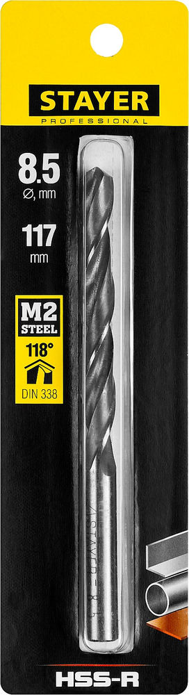 Сверло по металлу быстрорежущая сталь P6M5 Professional HSS-R STAYER 8.5x117 мм 29602-8.5  