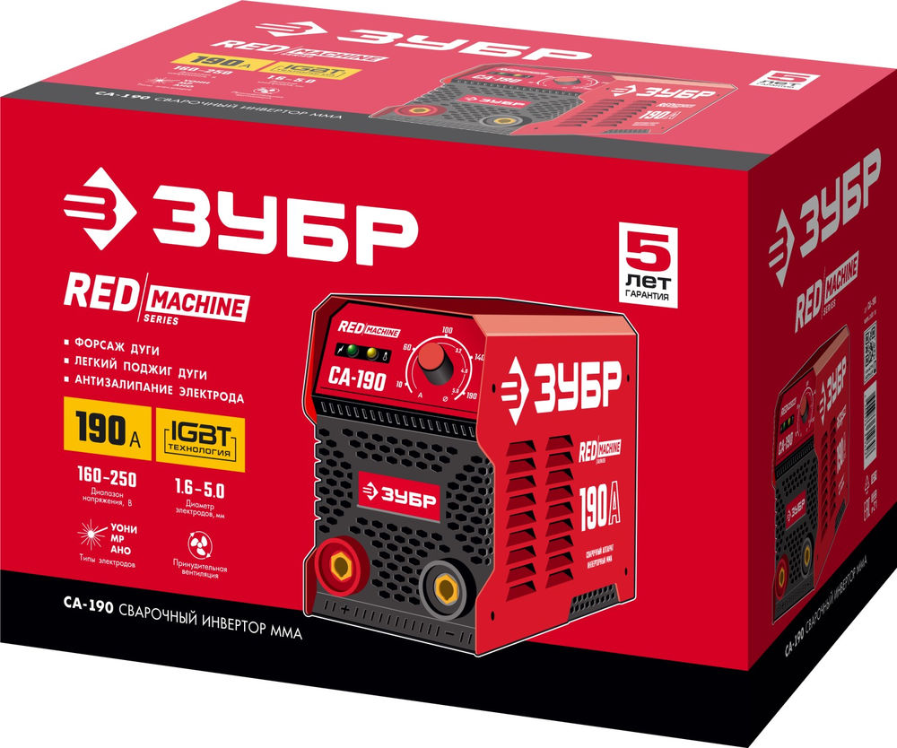 Сварочный аппарат инверторный ММА, 190 А, RED MACHINE, макс. электрод O 5.0 мм ЗУБР СА-190