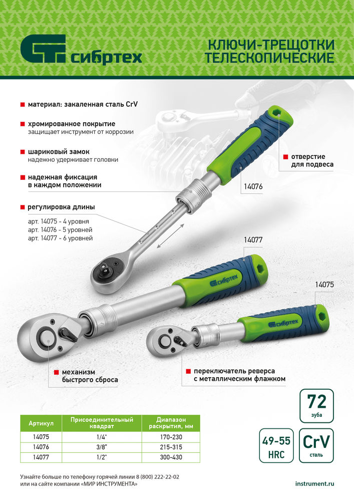 Ключ-трещотка телескопический 1/2, 300-430 мм, 72 зуба, с быстрым сбросом Сибртех
