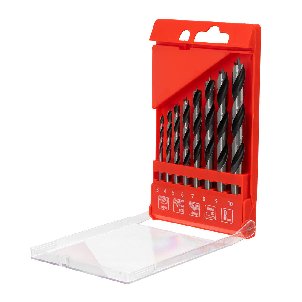Набор сверл по дереву, 3-4-5-6-7-8-9-10 мм, 8 шт, цилиндрический хвостовиковик, пластиковый кейс, Matrix (70282)