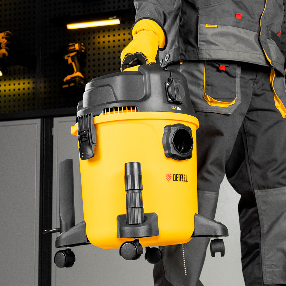 Пылесос строительный RVC20, 1400 Вт, бак 20 л, шланг 3 м, розетка с автосинхр. Denzel (28202)