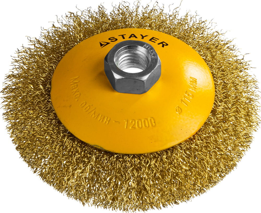 Щетка-крацовка коническая для УШМ 115 мм, витая стальная латунированная проволока 0.3 мм Professional STAYER 35133-115