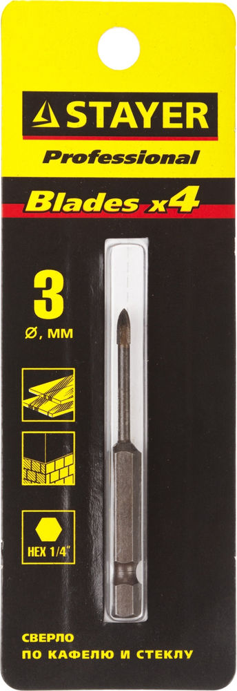 Сверло по стеклу и кафелю 3 мм, 4х кромка, HEX 1/4 STAYER 2985-03_z01