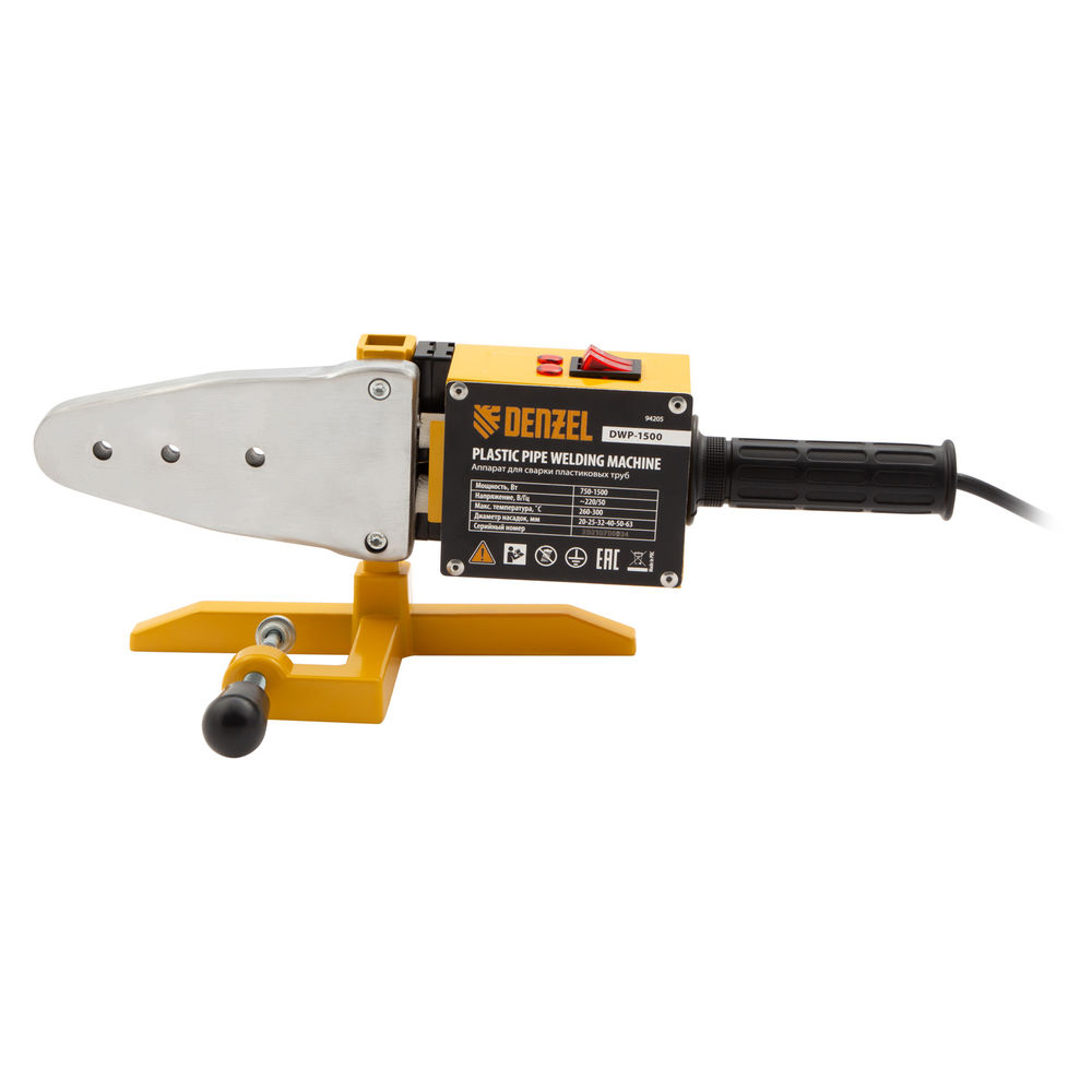 Аппарат для сварки пластиковых труб DWP-1500, 1500 Вт, 260-300 град, комплект насадок, 20-63 мм Denzel (94205)