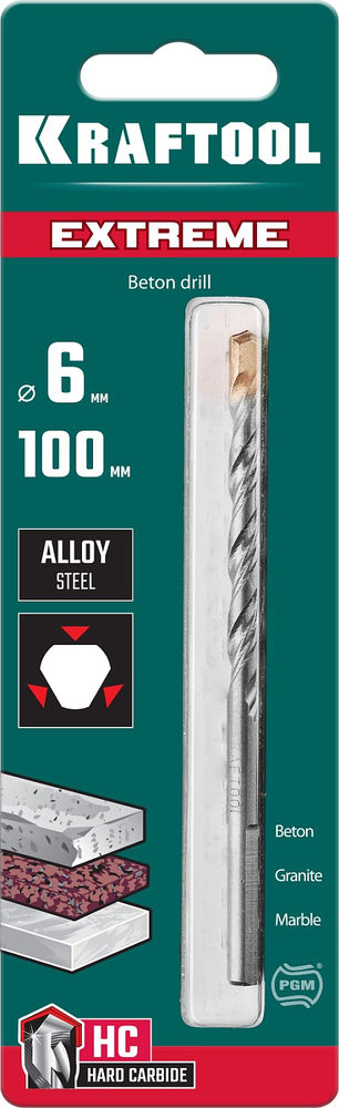 Сверло по бетону Extreme, 6 х 100 мм, трехгранный хвостовик KRAFTOOL 29166-100-06