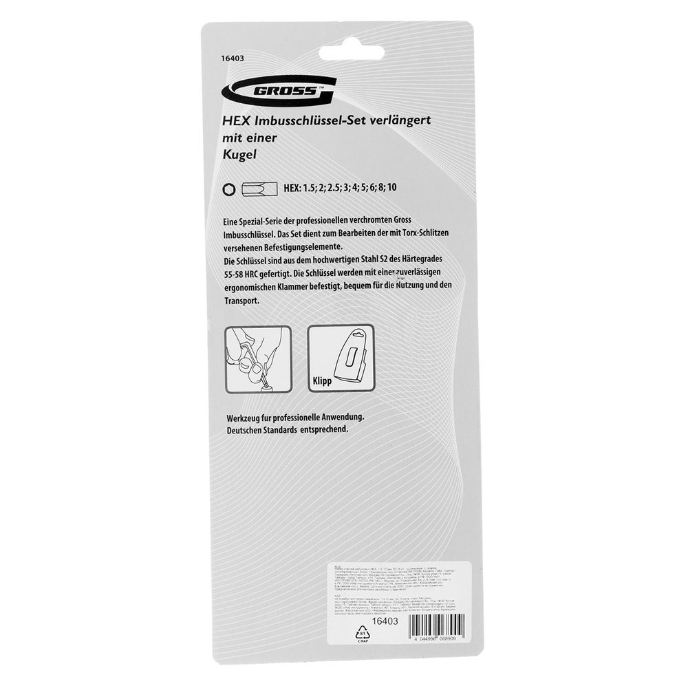 Набор ключей имбусовых HEX, 1.5-10 мм, S2, 9 шт, удлиненные с шаром, сатинированные Gross (16403)