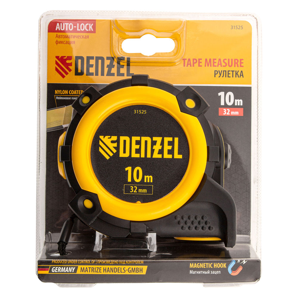 Рулетка 10м х 32мм, автоматич. фиксац., нейлон. покрытие, магнит. зацеп, двухстор. разметка Denzel
