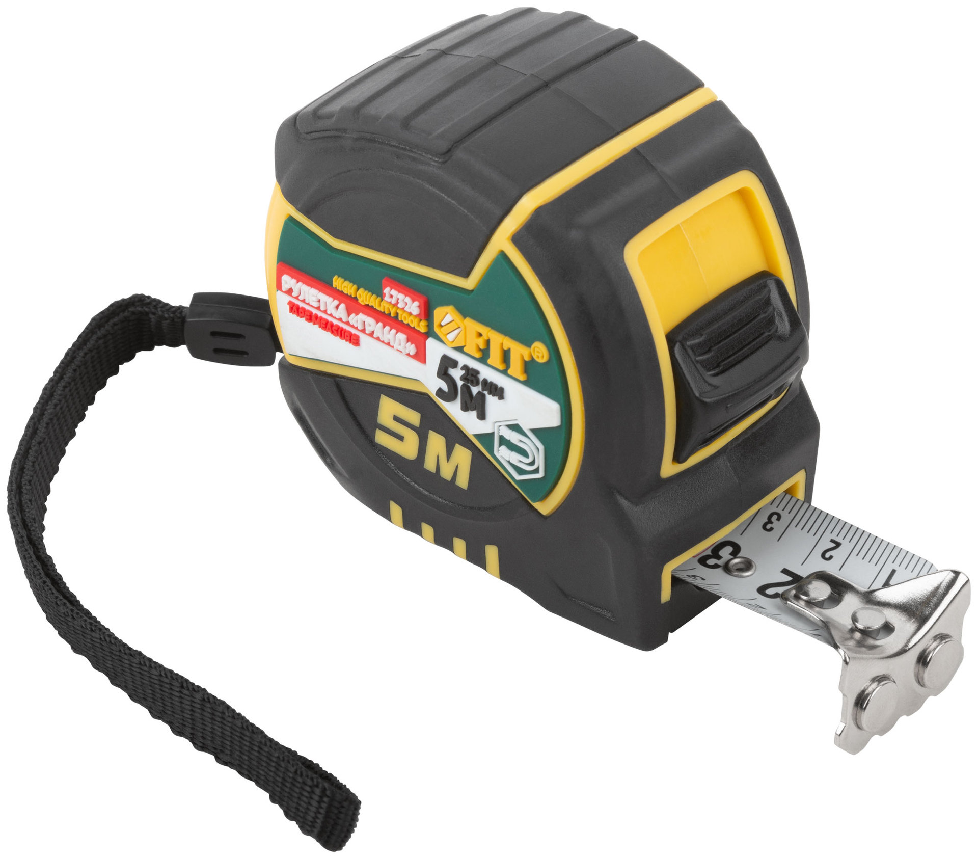 Рулетка Гранд, калибр.лента, нейлон.покр., магн.крючок, двойной стопор, прорезин.корпус 5 м х 25 мм