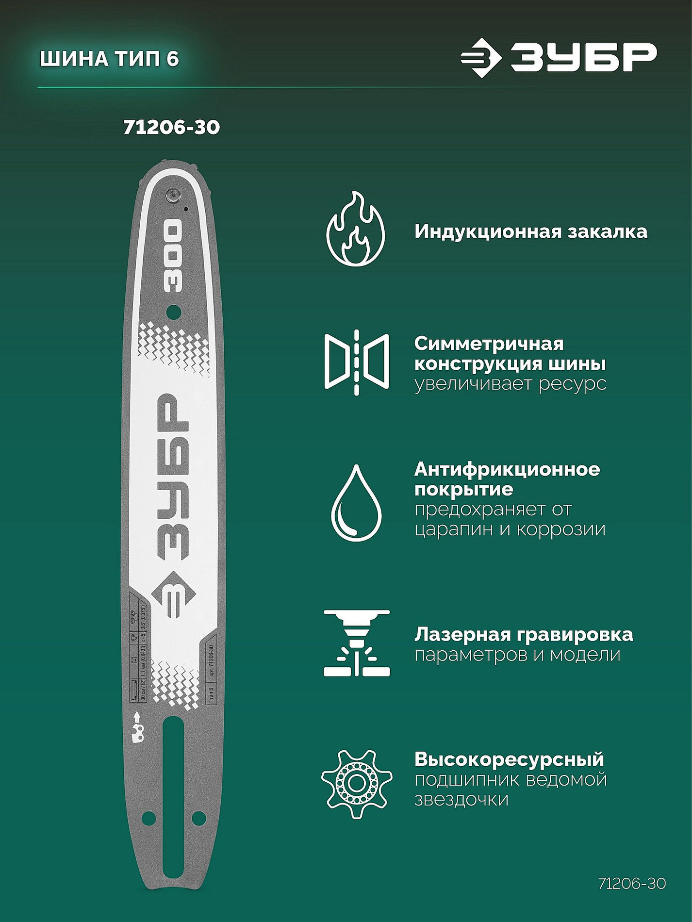 ЗУБР тип 6, 30 см, шаг 3/8?, паз 1.1 мм, 45 звеньев, шина (71206-30)