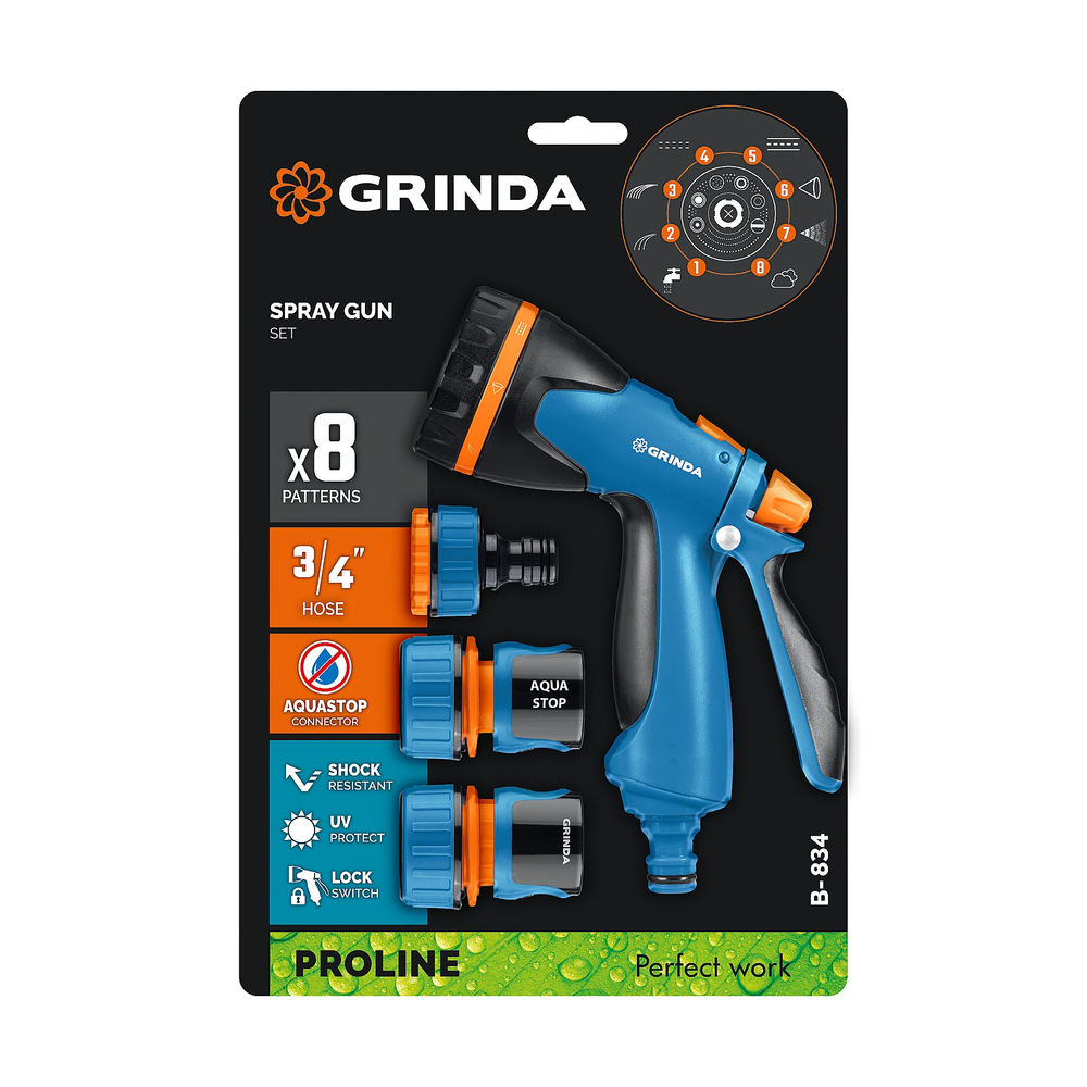 Набор поливочный B-834, пистолет поливочный B-8, коннектор 3/4, конектор 3/4 с автостопом, адаптер с внутр. резьбой 1/2х3/4, PROLine GRINDA 429113