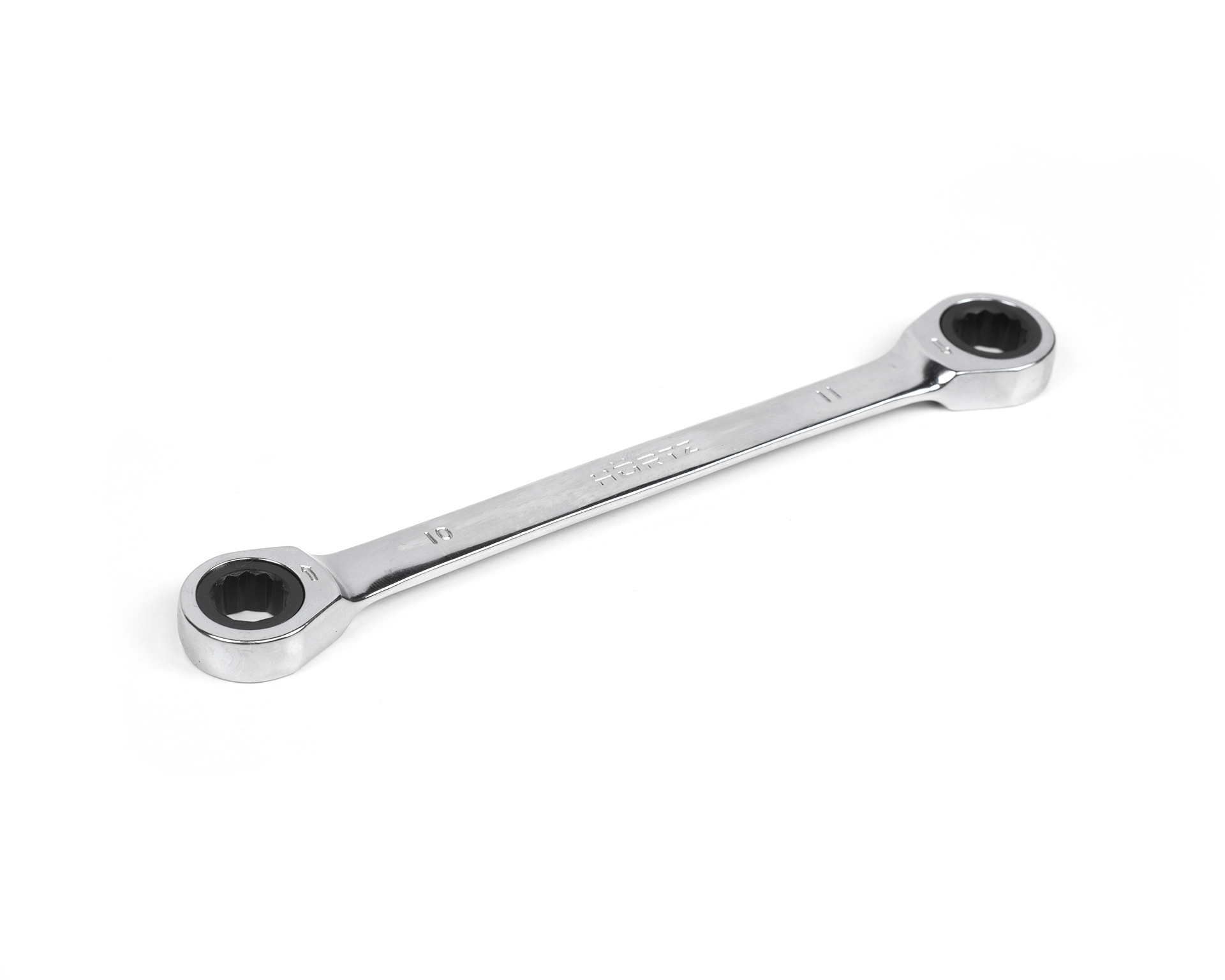 Ключ накидной двусторонний 10х11 мм трещоточный хромирование HORTZ