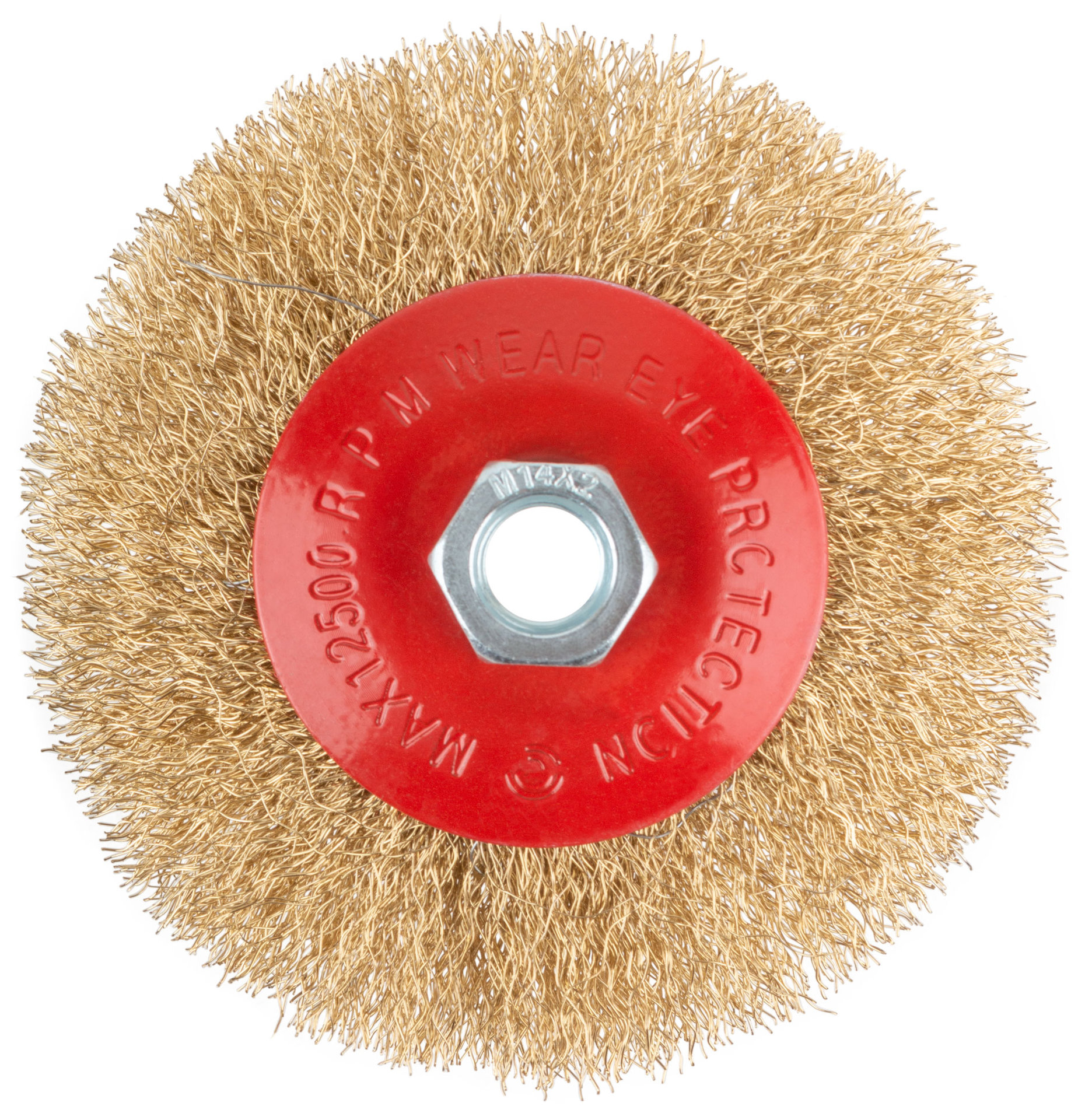 Корщетка-колесо с наклоном, гайка М14, стальная волнистая латунированная проволока 115 мм (39022)