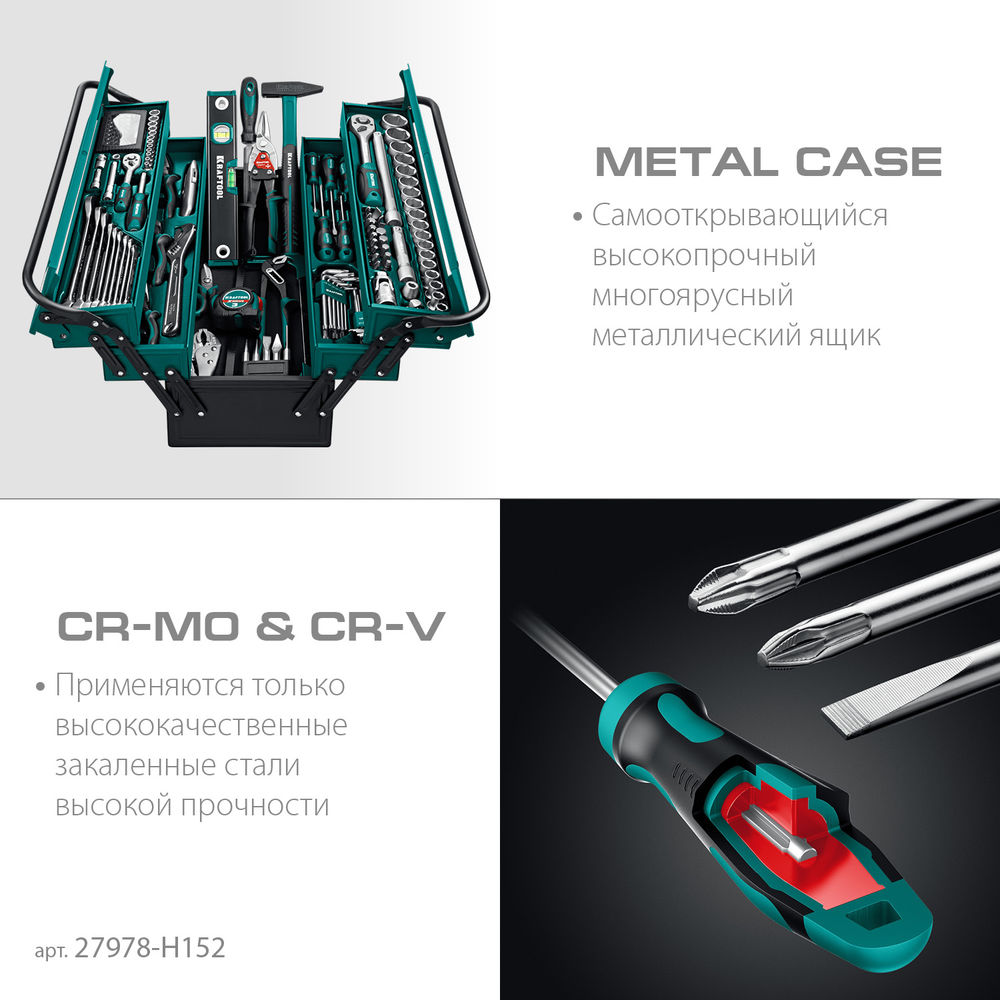 Набор инструмента универсальный 152 предм., (1/2+1/4) GRAND-152 KRAFTOOL 27978-H152
