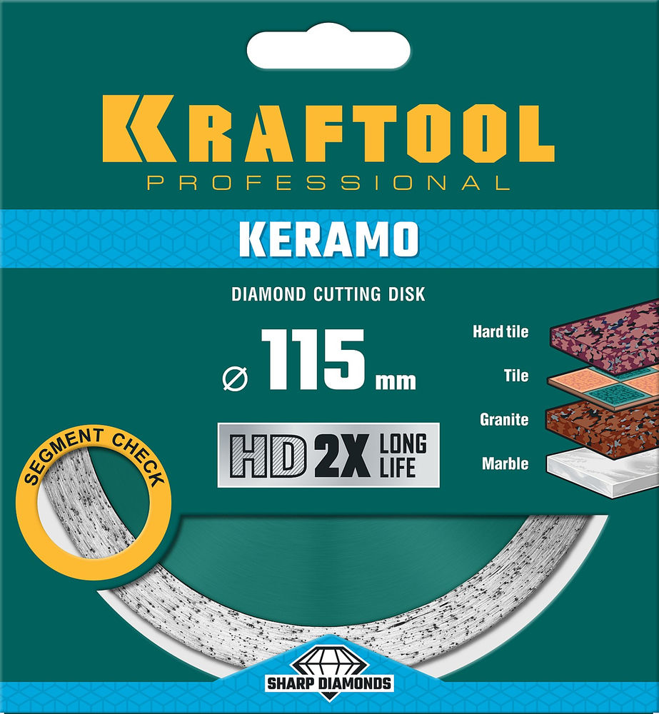 Сплошной алмазный диск KERAMO, 115 мм, (22.2 мм, 10 х 1.6 мм) KRAFTOOL 36684-115