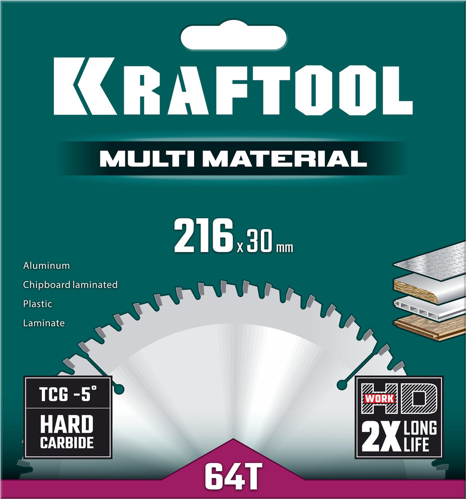 Пильный диск по алюминию Multi Material, 216 х 30 мм, 64Т KRAFTOOL 36953-216-30