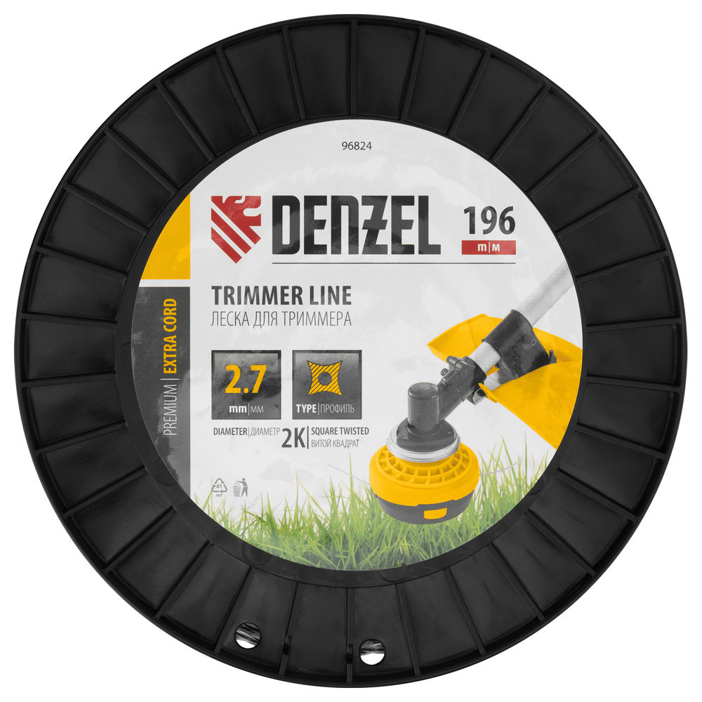 Леска для триммера двухкомпонентная витой квадрат, 2,7мм х 196м, на DIN катушке EXTRA CORD Denzel (96824)