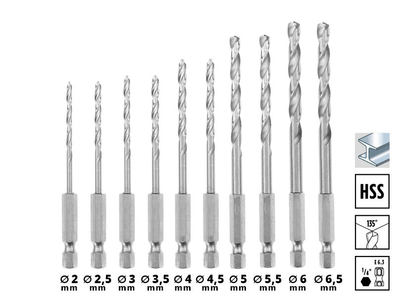 Набор сверл Einhell 10 штук,2-6.5мм,по металлу,HSS 135 гр,с 6-гранным хвостовиком,S-Case (108723)