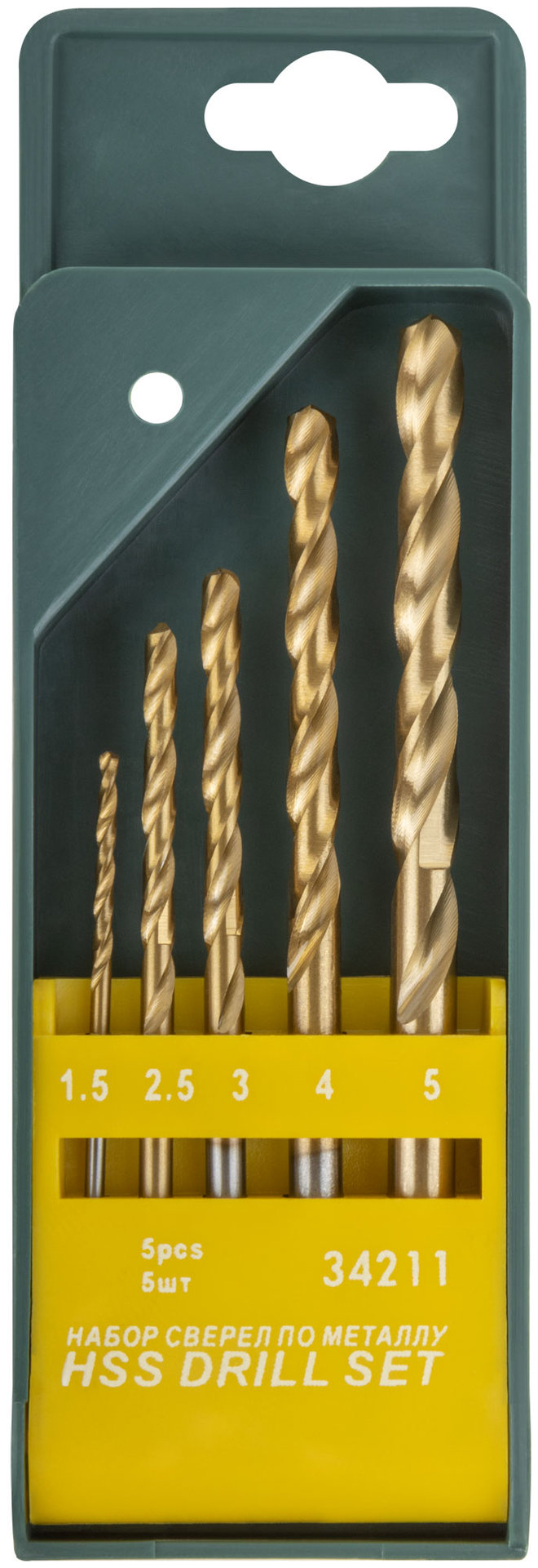 Набор сверл HSS по металлу, титановое покрытие, 5 шт. (1,5-2,5-3-4-5 мм) (34211)