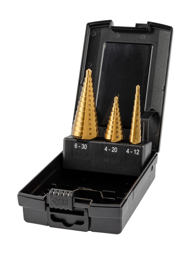 Набор свёрл ступенчатых, 3 пр., HSS TiN, Gr.1/2/3, O4-12, 4-20, 6-30 мм, прямая канавка, трёхплоскостной хвостовик (ZA-05351)