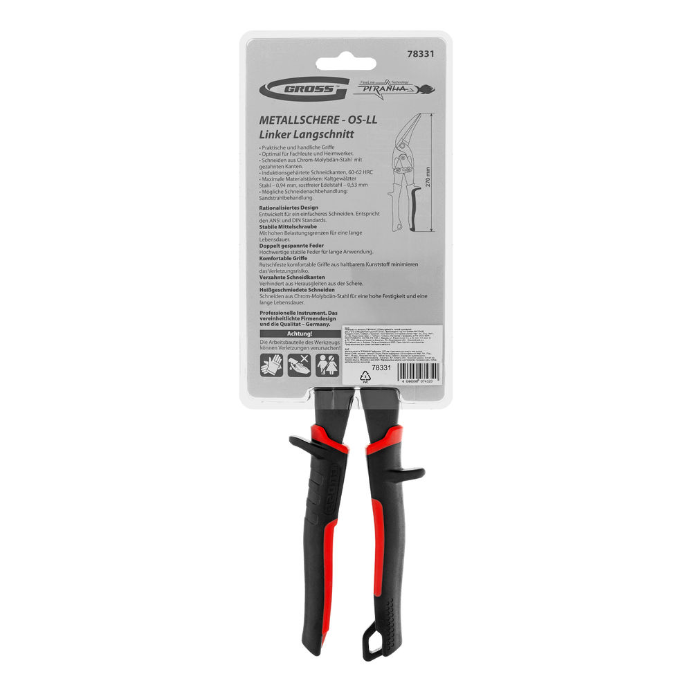 Ножницы по металлу Piranha, 270 мм, прямой и левый проходной рез, сталь СrMo, двухкомпонентные рукоятки Gross