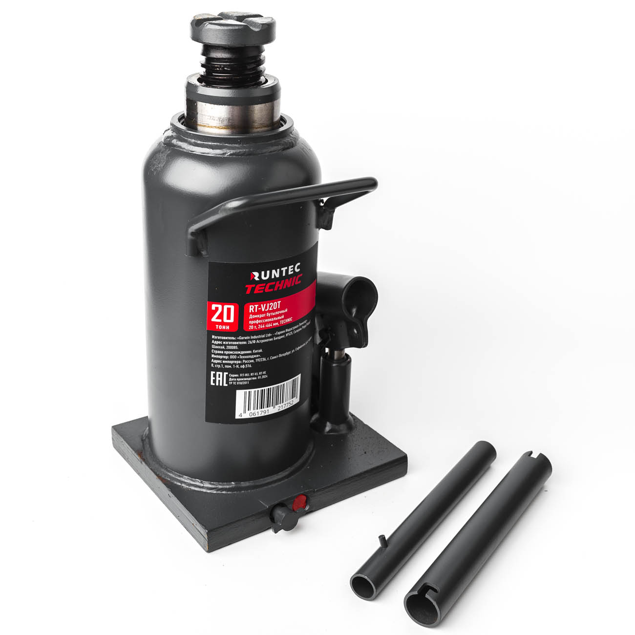 Домкрат бутылочный профессиональный 20 т, 244-464 мм TECHNIC RUNTEC RT-VJ20T