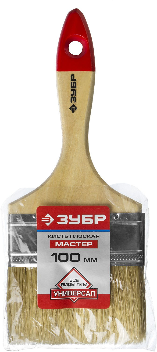 Кисть плоская 100 мм, 4, светлая натуральная щетина, деревянная ручка, все виды ЛКМ ЗУБР УНИВЕРСАЛ 4-01003-100