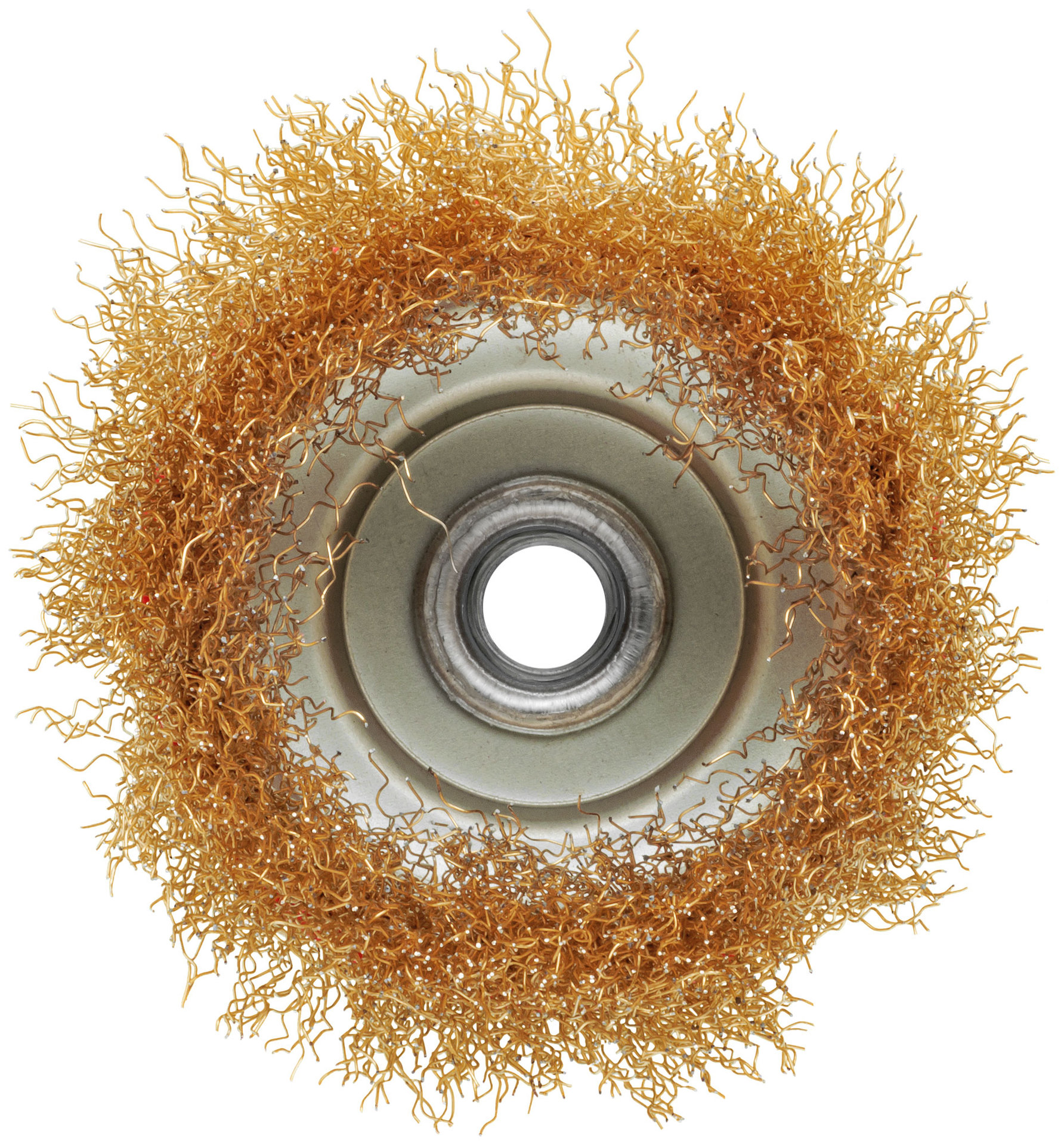 Корщетка-чашка, гайка М14, стальная латунированная волнистая проволока 100 мм, блистер (39093)