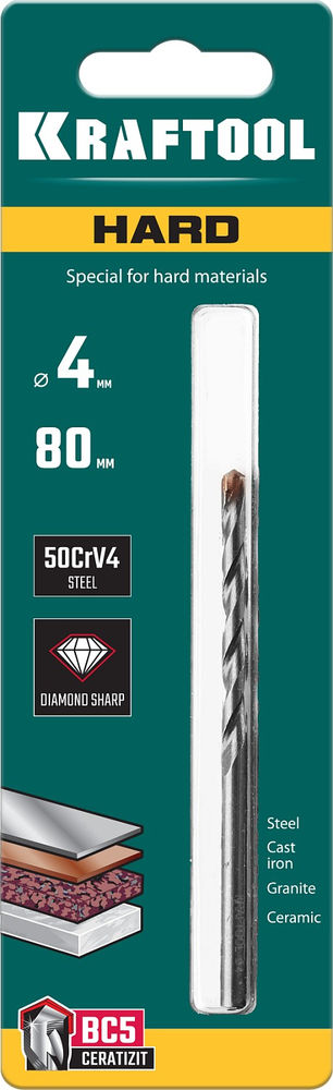 Сверло специальное по твёрдым материалам Hard, 4 х 80 мм, тв.сплав ВС5 KRAFTOOL 29177-080-4