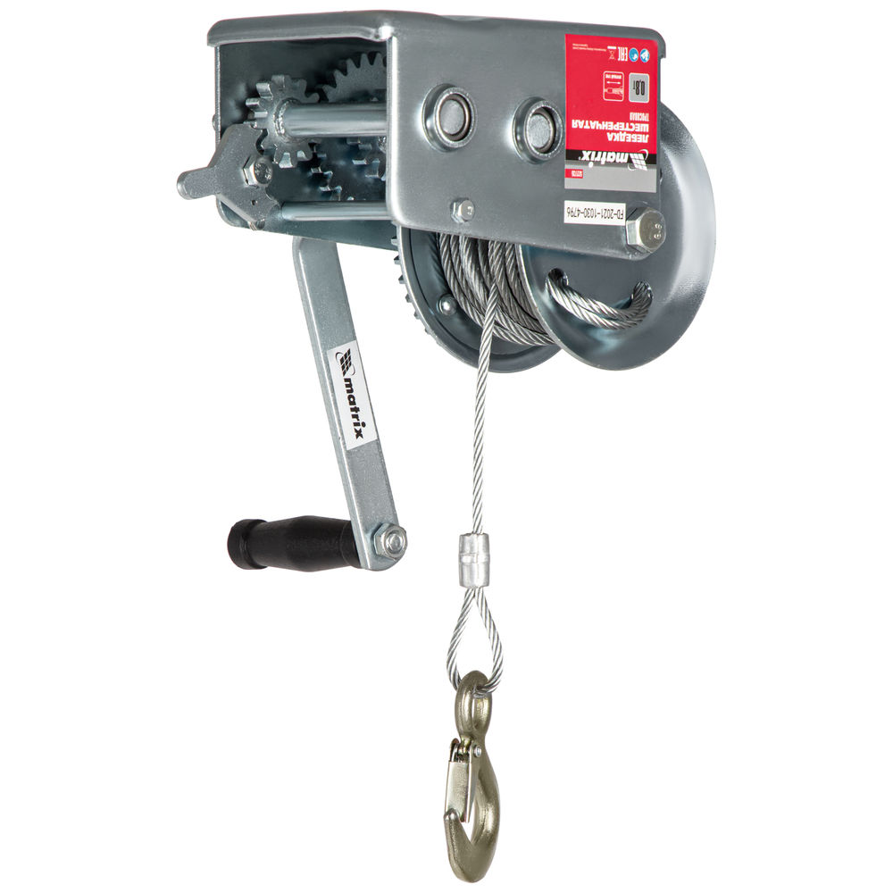 Лебедка шестеренчатая, тяга 0.8 т, тросовая Matrix (522735)