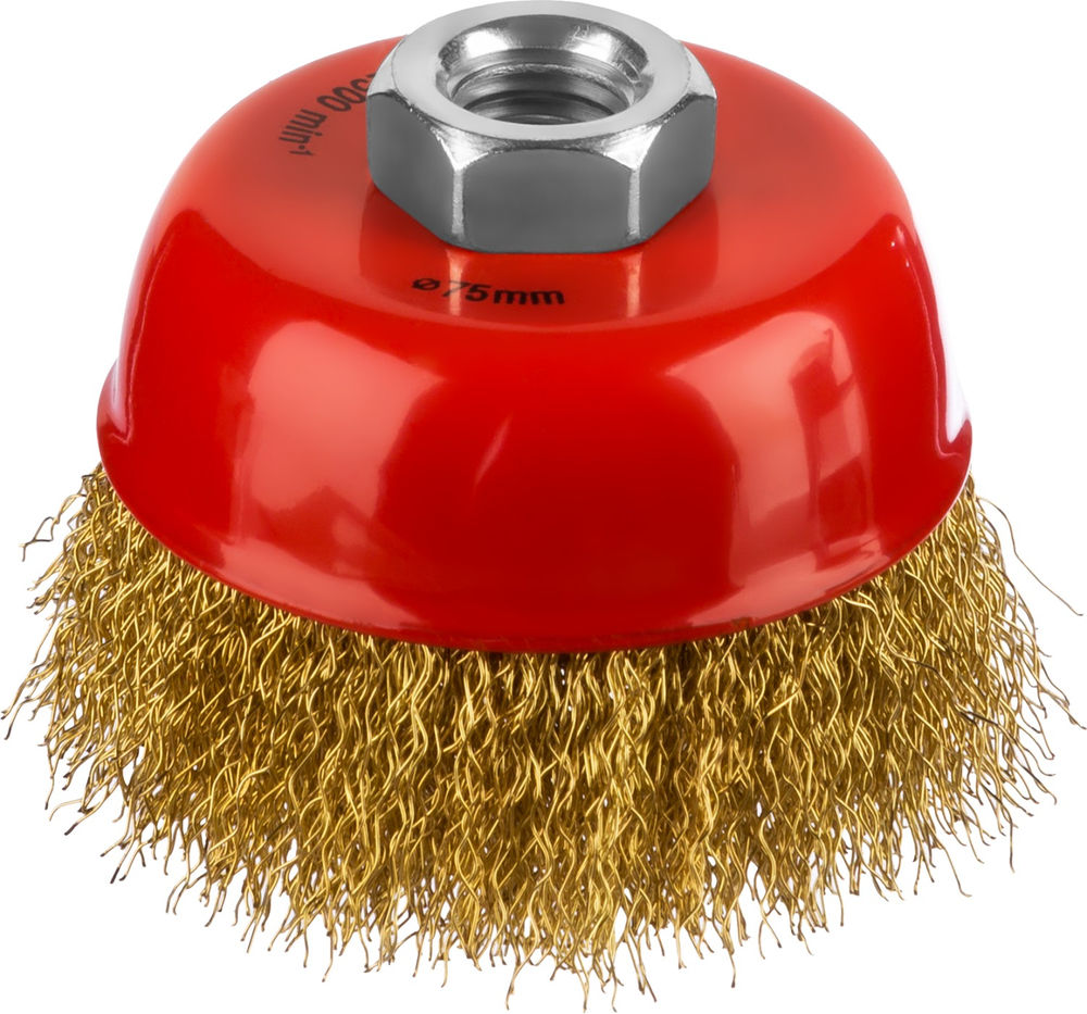Чашечная щетка-крацовка для УШМ 75 мм, витая стальная латунированная проволока 0.3 мм MIRAX 35142-075