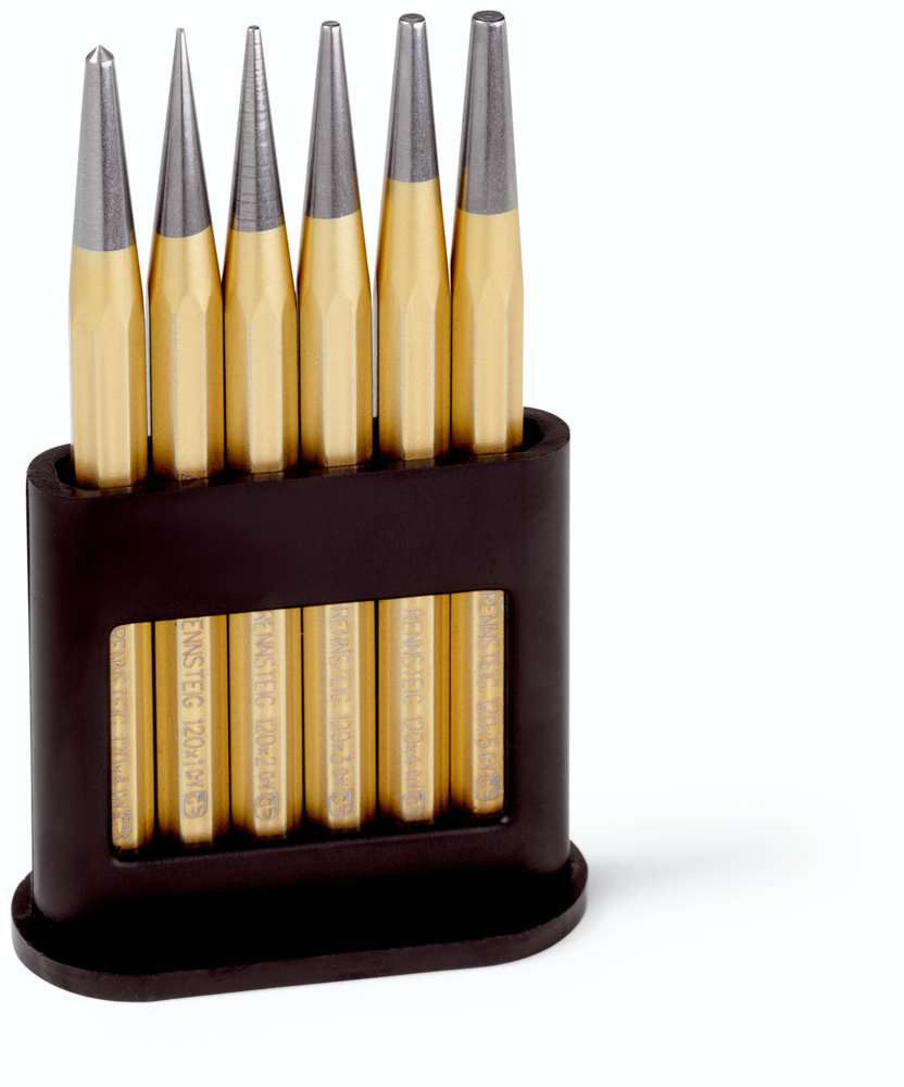 Набор пробойников DIN 6458, 6 пр., O 1/2/3/4/5 мм + Кернер DIN 7250 O 4 мм, 8-гран. профиль 10 мм, пластиковая подставка (RE-4241200)