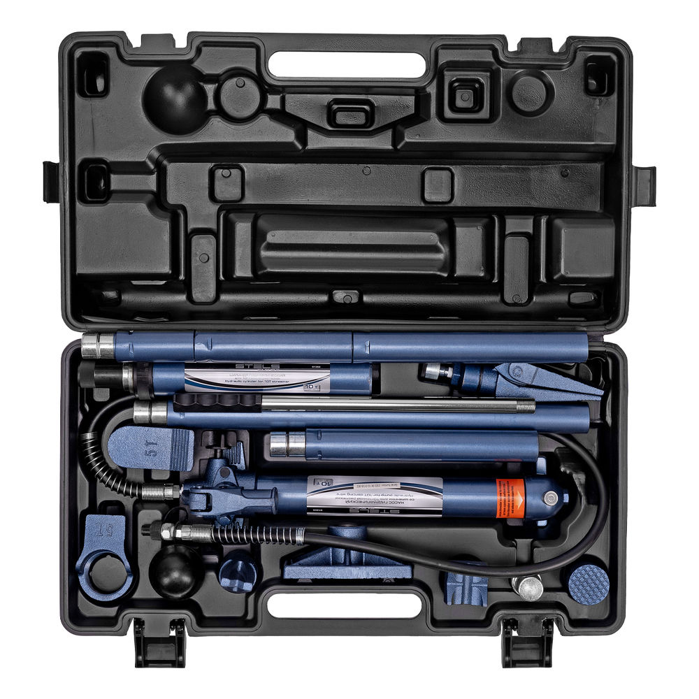 Растяжка гидравлическая, 10 т, набор из 17 предметов, 7 сменных насадок, в пластиковом кейсе Stels (51355)