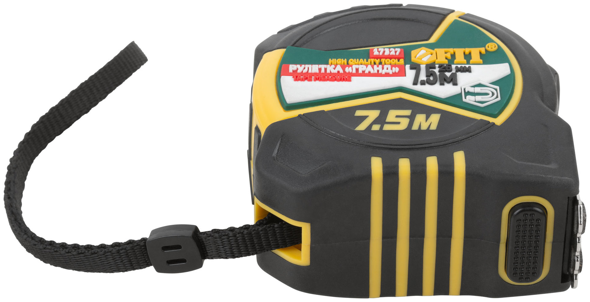 Рулетка Гранд, калибр.лента, нейлон.покр., магн.крючок, двойной стопор, прорезин.корпус 7,5 м х 25 мм