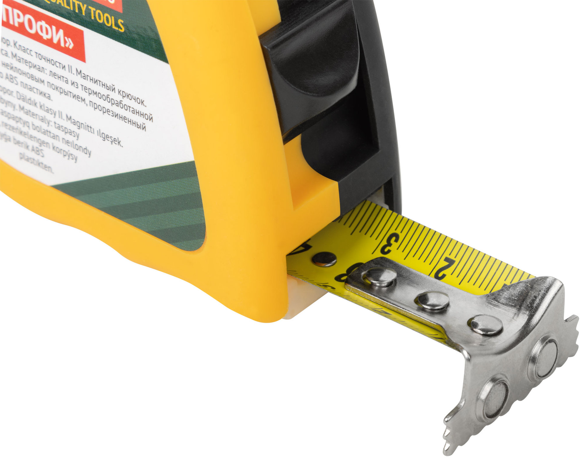 Рулетка Профи, калибр.лента, нейл.покр., магн.крючок, эласт.корпус черн-желт., двойн.стопор 7,5 м х 25 мм