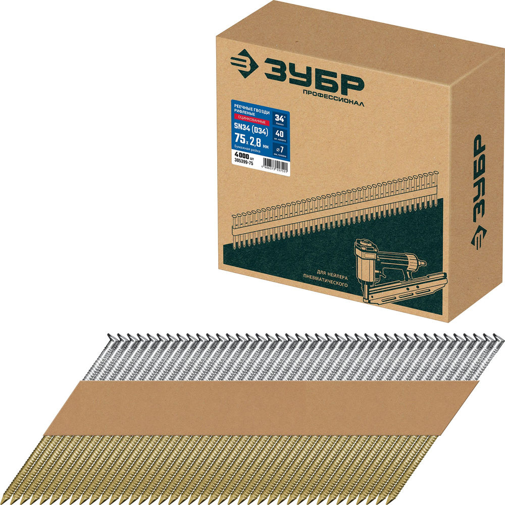 Гвозди реечные рифленые оцинкованные SN34 (D34) 75 x 2.8 мм, 4000 шт ЗУБР 305399-75