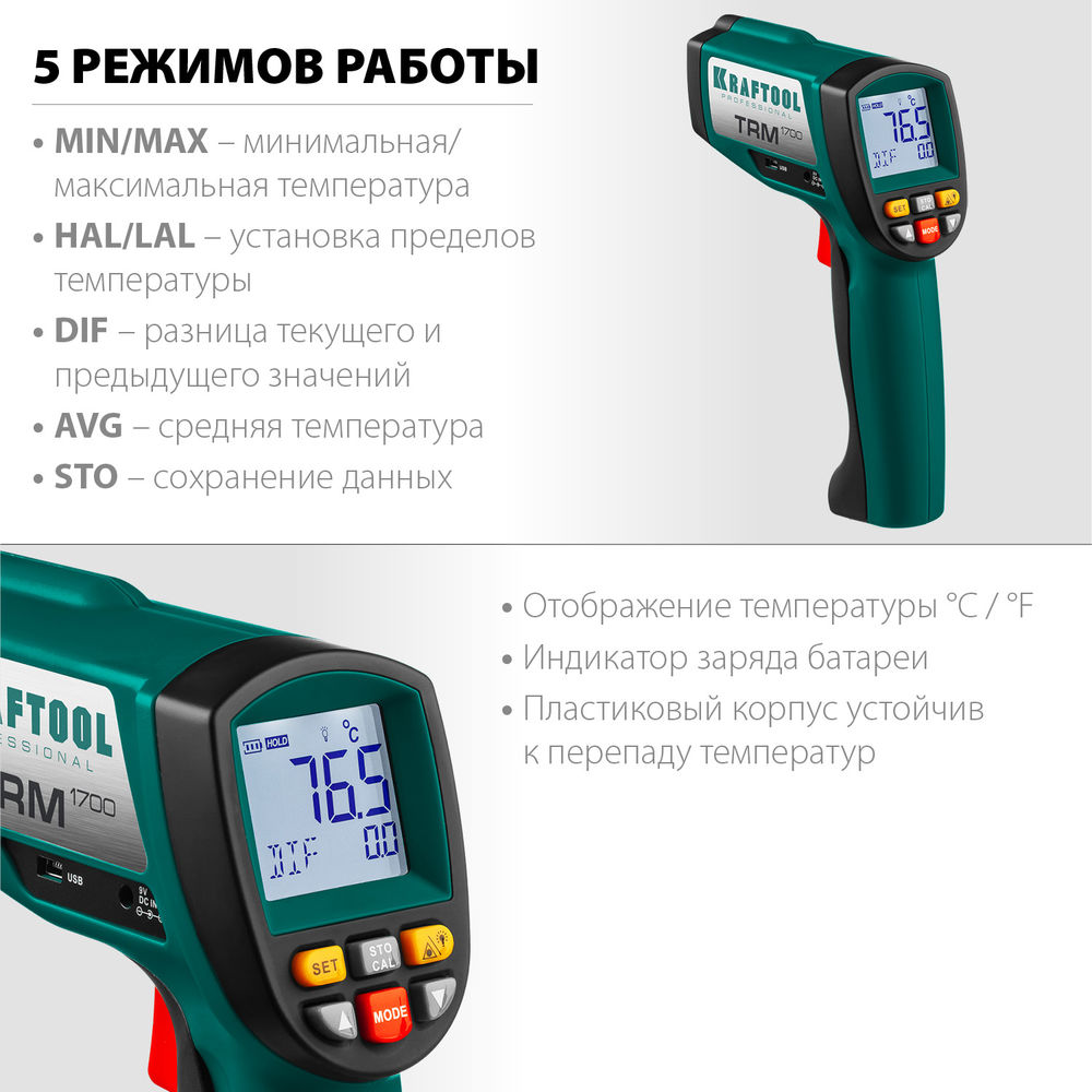 Пирометр инфракрасный TRM-1700, –30° +1650°С KRAFTOOL 45701-1650