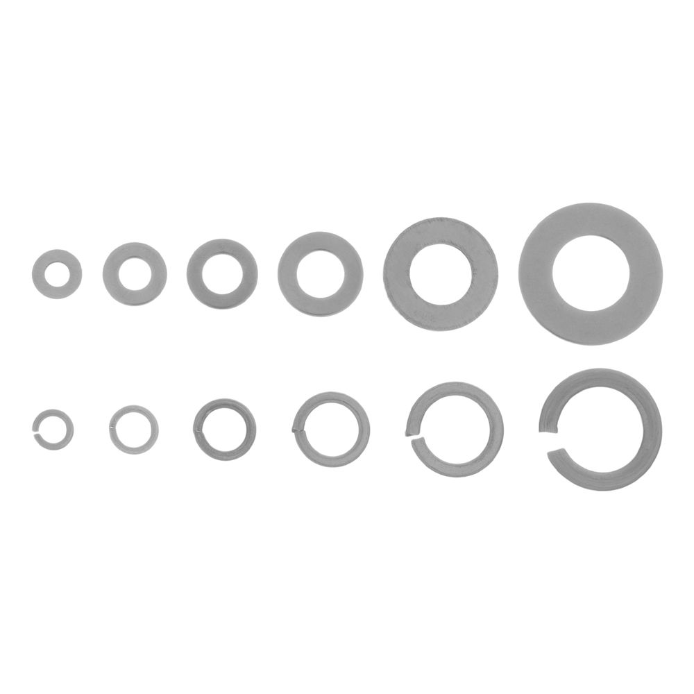 Набор шайб и гроверов, D шайб: 3, 4, 5, 6, 8, 10 мм D гроверов: 3, 4, 5, 6, 8, 10 мм, 350 предметов Сибртех (47614)