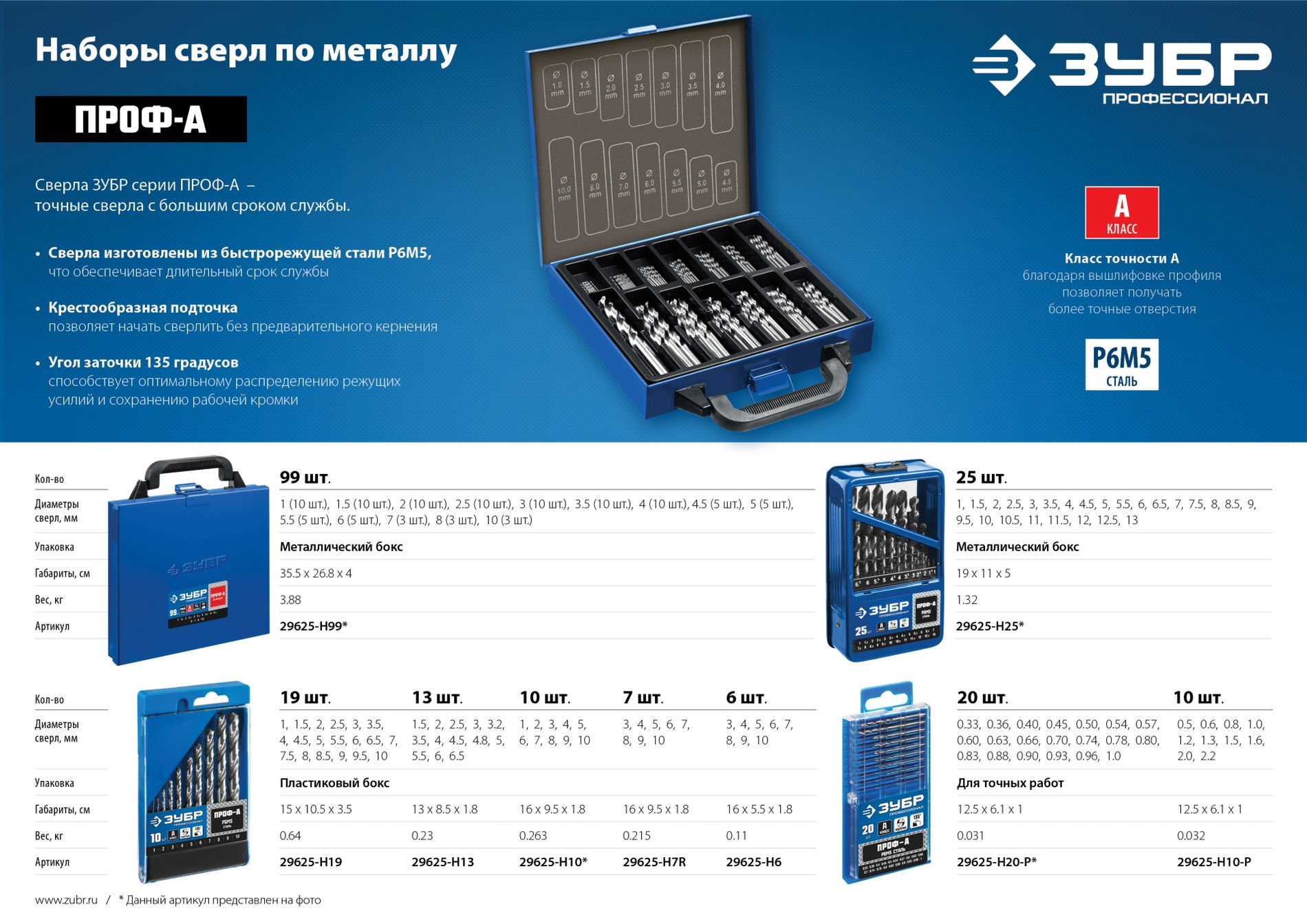 Набор сверл по металлу для печатных плат 0.33-1.0 мм 20 шт сталь Р6М5 класс А ЗУБР ПРОФ-А Профессионал 29625-H20-P