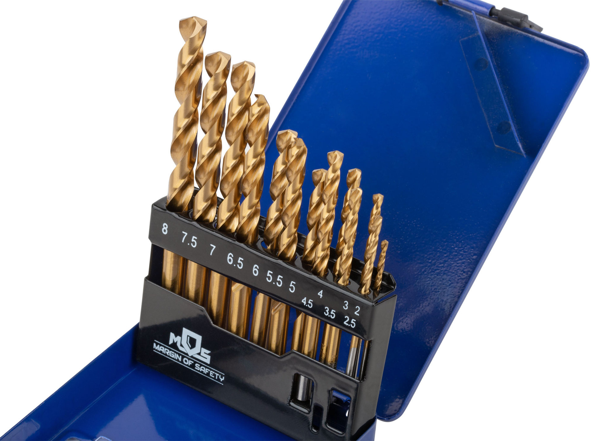 Набор сверл по металлу HSS шлифованные, титановое покрытие, угол заточки 135°, мет.бокс, 13 шт. (2-2,5-3-3,5-4-4,5-5-5,5-6-6,5-7-7,5-8 мм) (35743М)