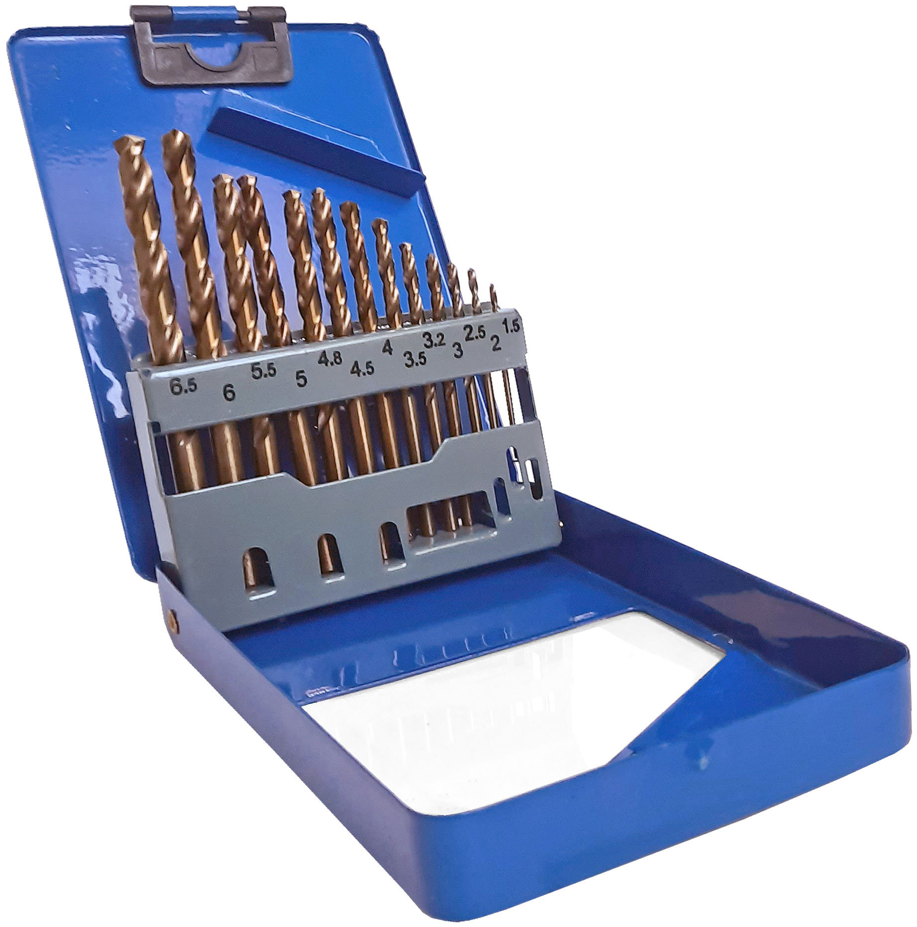 Набор сверл по металлу с кобальтом 5% в металлической коробке; 1,5-6,5 мм (через 0,5 мм + 3,2 мм; 4,8 мм), 13 шт., Cutop Profi (48-601)